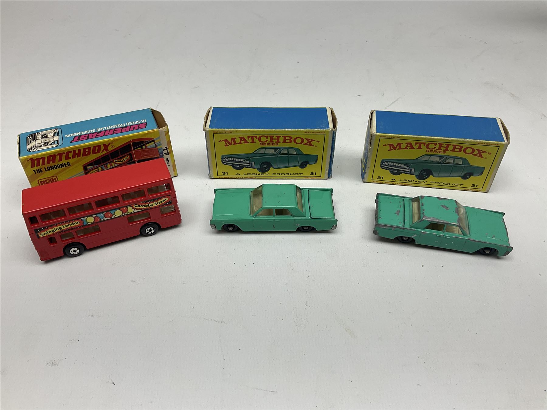 Lesney Matchbox - fifteen 1-75 Series comprising Nos.1e, 9e, 12c, 13d, 16d, 17f, 19e, 20c, 22c, 23e, 29d, two x 31c, 33d and 35c; all boxed (15)