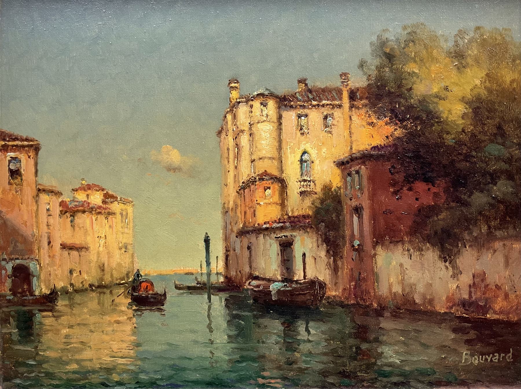 Antoine Bouvard Snr. (French 1870-1956): 'Gondoliers of Venice', oil on canvas signed 25.5cm x 34cm 
Provenance: with James Starkey Fine Art, Beverley, label verso