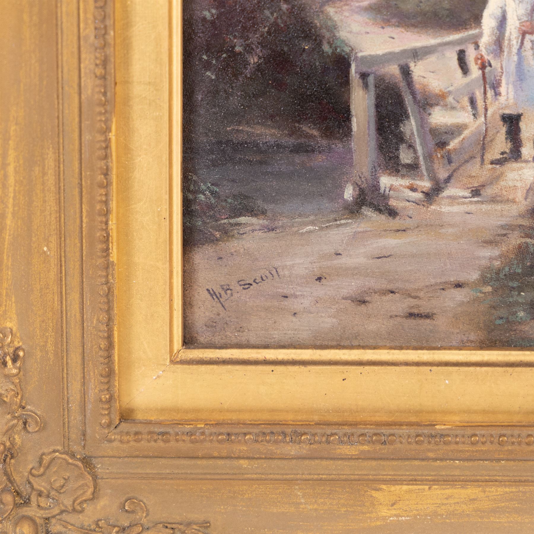 Hugh Berry Scott (British 1854-1940): Old Man Gathering Sticks, oil on panel signed 20cm x 12cm 