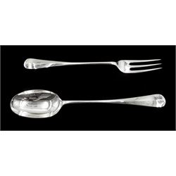 Pair of silver basting spoon and large three prong serving fork by A Haviland-Nye, London 2002, approx 9oz