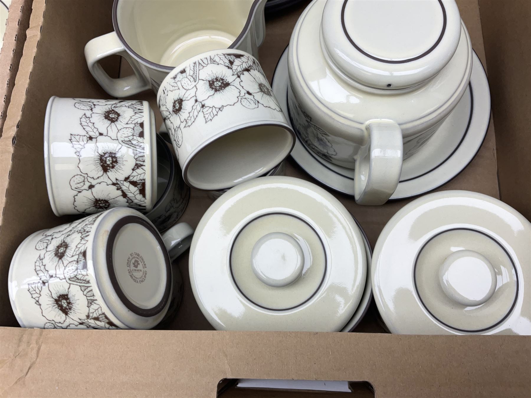 Quantity of Hornsea 'Cornrose' pattern tea and dinner wares, to include teapot, lidded twin handled tureen, storage jars, bowls, dinner plates etc