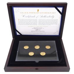Queen Elizabeth II 'Gillick Portrait Sovereign Set' comprising ten gold full sovereign coins dated 1957-1959 and 1962-1968, cased with certificate