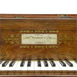 John Broadwood & Sons- Mid-19th century square piano in a light mahogany case serial No 57168 (1840), with four taper turned legs on castors and conforming sustaining pedal, with a 6 octave compass F1-G6 with 63 ivory and ebony keys, makers name with brass inlay and silk backed fretwork above the keys, recently restored action with new hammer heads, damper felts and strings, bi-strung with a steel brace and metal hitch pin plate with faux marbled decoration. 
This item has been registered for sale under section 10 of the APHA Ivory Act, Reference BS3HW755