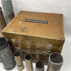 Large collection of shell and bullet casings, including a trench art example, together with a metal cartage case and wooden case