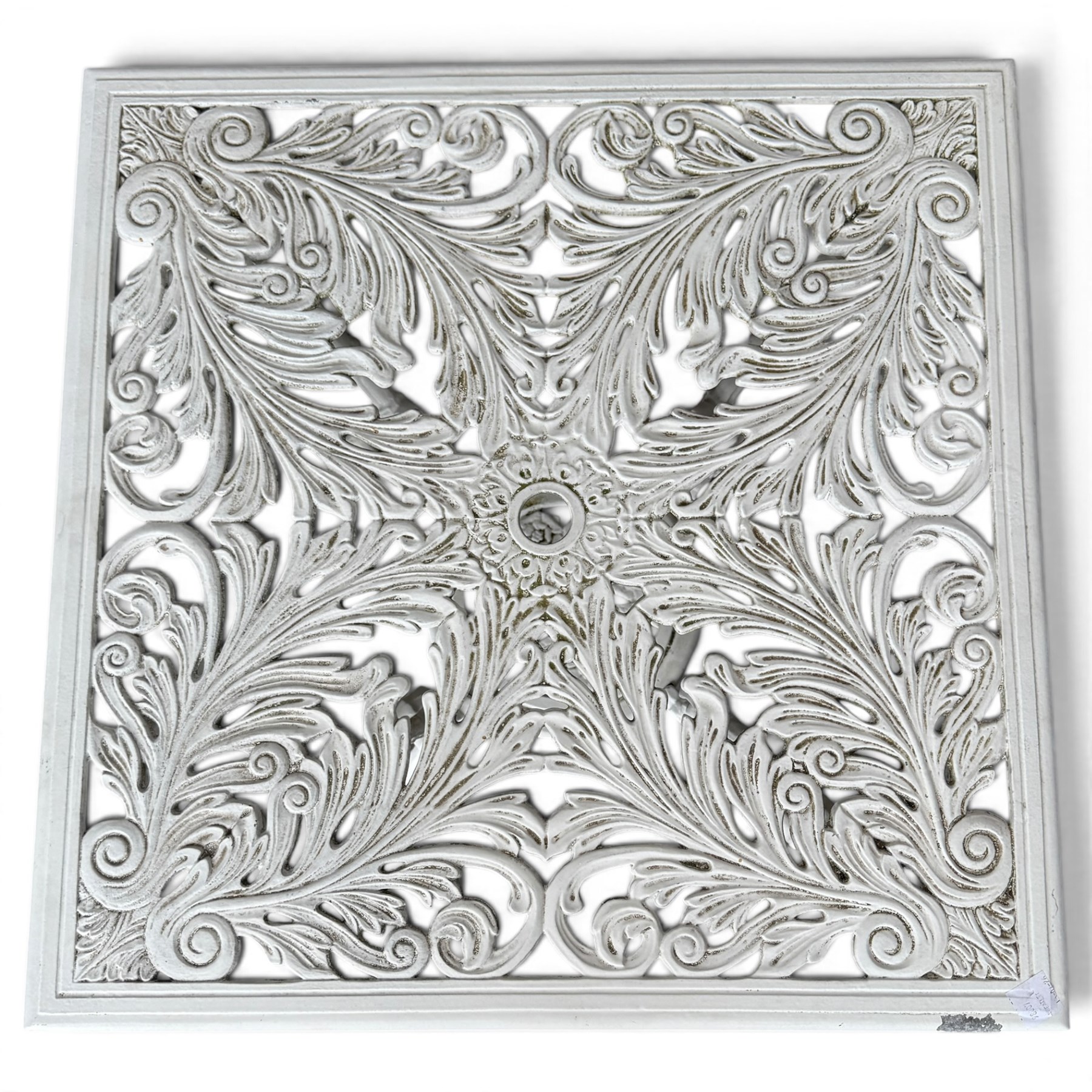 Regency design white-painted aluminium garden table, square pierced top with scrolling acanthus leaf decoration, splayed supports joined by pierced circular under-tier (W75cm H72cm), the chairs with scrolling and floral garland design backs over pierced foliate seats with cabriole supports (W48cm H90)