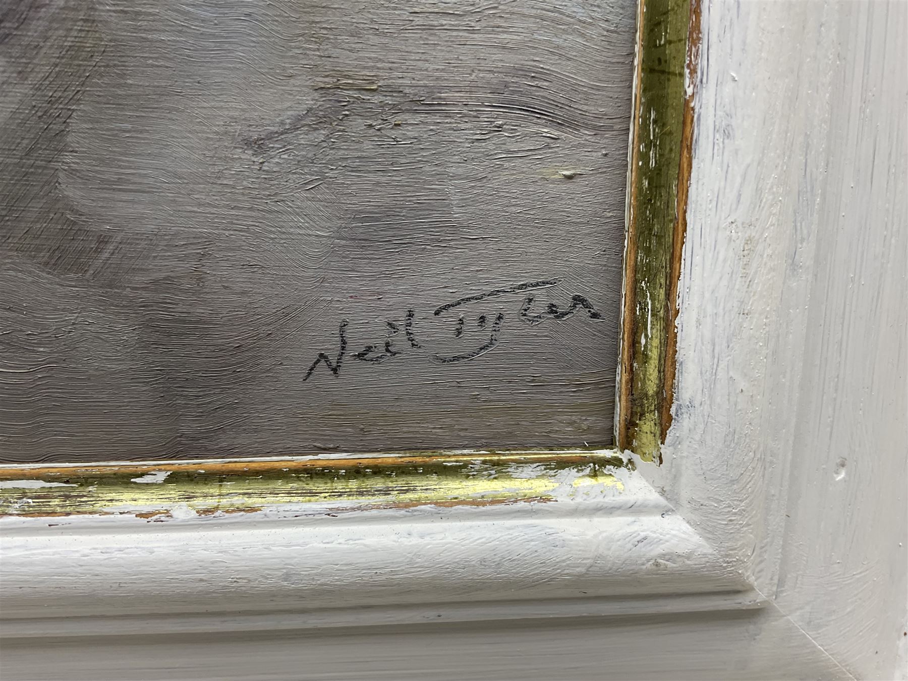 Neil Tyler (British 1945-): 'Dawn - South Bay' Scarborough, oil on board signed, titled verso 35.5cm x 54.5cm