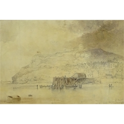  John Wilson Carmichael (British 1799-1868): 'Whitby from the North Beach', pencil and monochrome wash signed titled and dated 1834, 21cm x 30cm Notes: This shows the original life boat house 1822 - 1863 on Tate Hill Pier on Whitby's East side.   