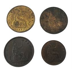 Three Queen Victoria bun head pennies, dated 1862, 1875, 1887 and 1890 halfpenny