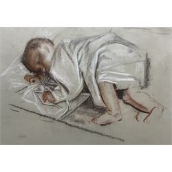 Robert Sargent Austin RA RE RWS (British 1895-1973): 'Sleeping Baby', charcoal and sanguine chalk on tinted paper signed with artist's studio stamp 33cm x 48cm
Provenance: private collection; with Chris Beetles Ltd., St. James's, London - exhibition label verso