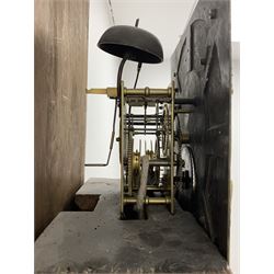 Early 19th century oak longcase clock, projecting cornice over frieze painted with scrolls, square glazed door enclosed by plain pilasters, square brass dial with ornate cast metal spandrels, Roman chapter ring and false subsidiary date aperture, engraved decoration and inscribed 'Torkington, Newcastle', 30-hour movement striking on bell