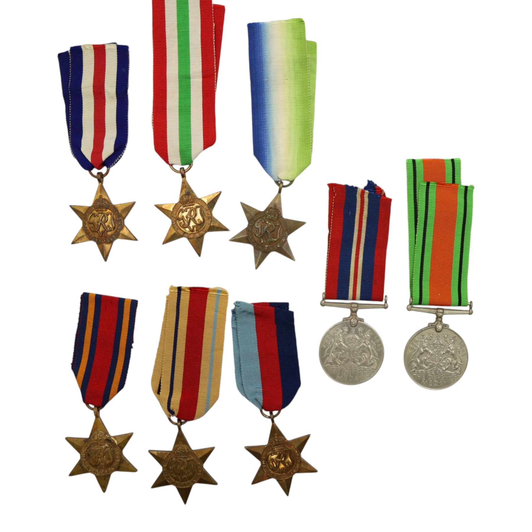 WWII British medals, comprising War medal, Defence medal, 1939-1945 Star, Burma Star, France and Germany Star, Italy Star and Africa Star 1st Army
