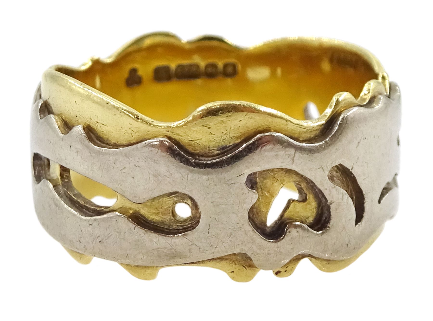 18ct gold ring, with abstract pierced white gold overlay, maker's mark
