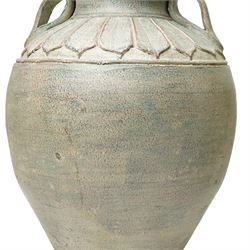 Near pair of large Taiwanese urns, with repeating leaf boarder to the neck, H49cm and H51cm (2)