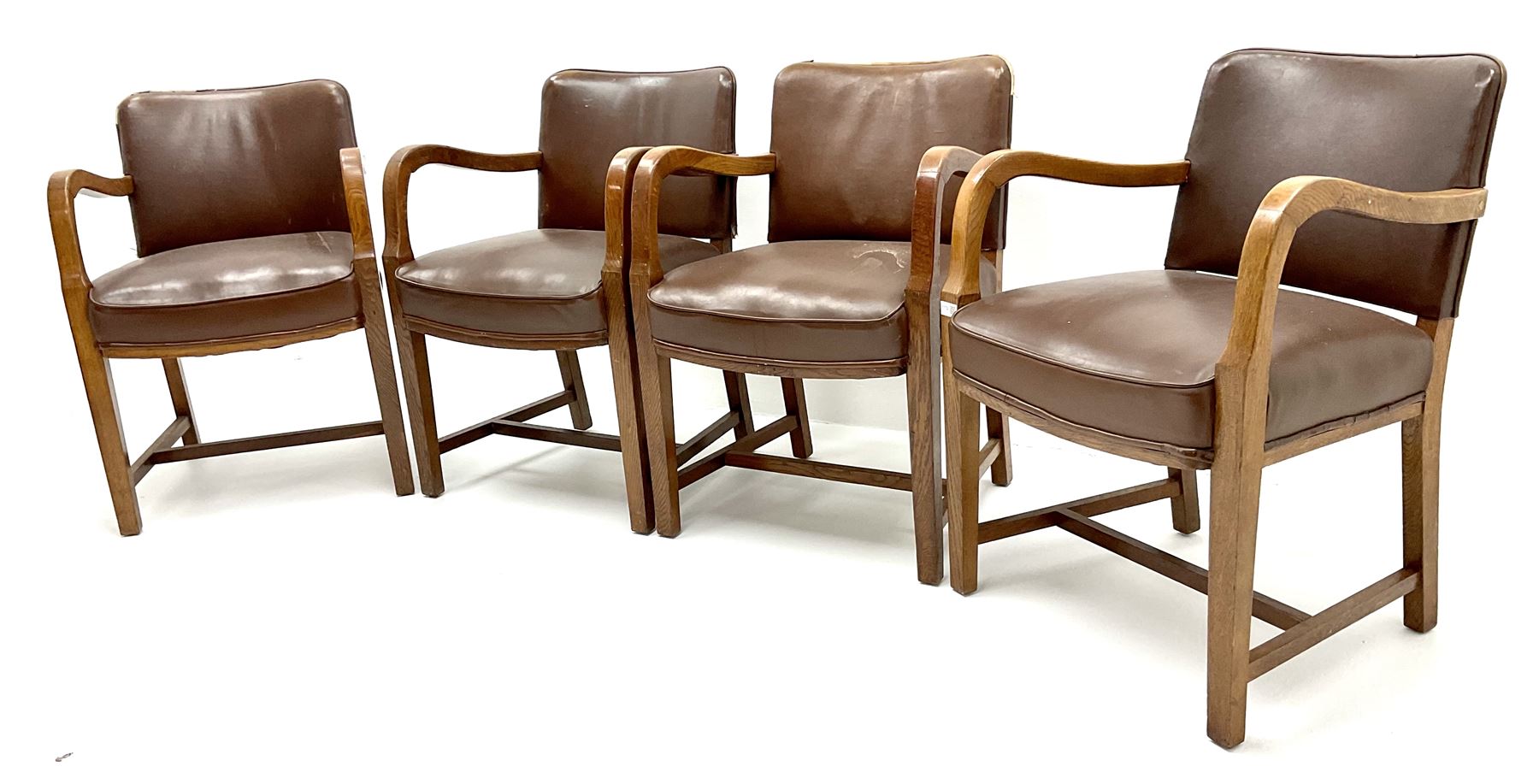 Set four mid century oak framed boardroom chairs, upholstered back and
