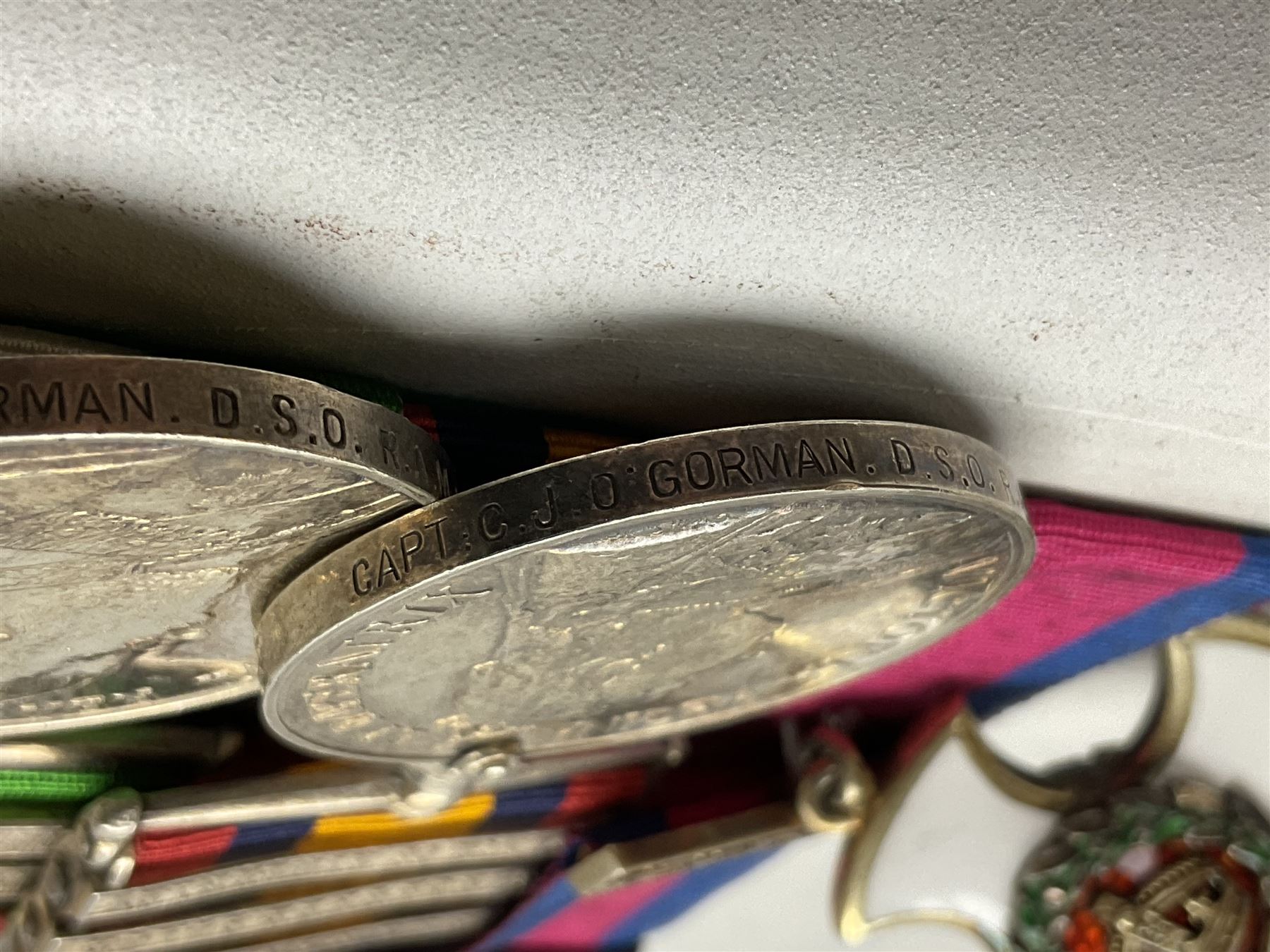 South Africa/WW1 Distinguished Service Order group of seven medals comprising D.S,O. with original ribbon bar and top bar slider, Queens South Africa Medal with three clasps for Defence of Kimberley, Orange Free State and Transvaal, Kings South Africa Medal with two clasps for South Africa 1901 & 1902 awarded to Capt. C.J. O'Gorman D.S.O. R.A.M.C., 1914-15 Star, British War Medal and Victory Medal with MID oak leaves awarded to Major (later Lt. Col.) C.J. O'Gorman D.S.O. R.A.M.C. and Kimberley Star 1899-1900; together with copies of research and biographical material