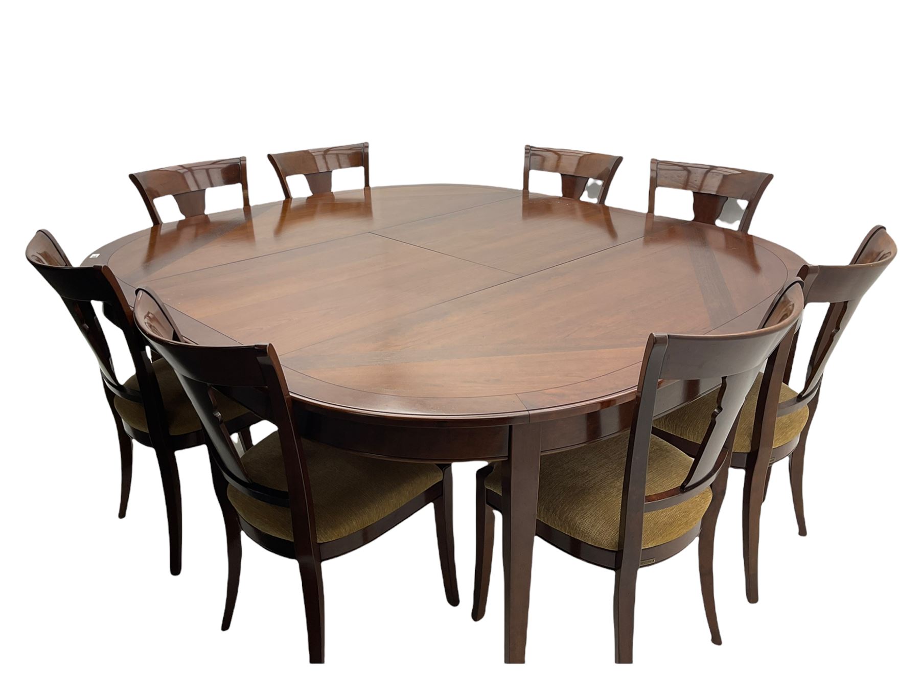 Grange Furniture - cherry wood finish oval extending dining table on square tapering supports, and a set of eight dining chairs with curved backs and upholstered seats 