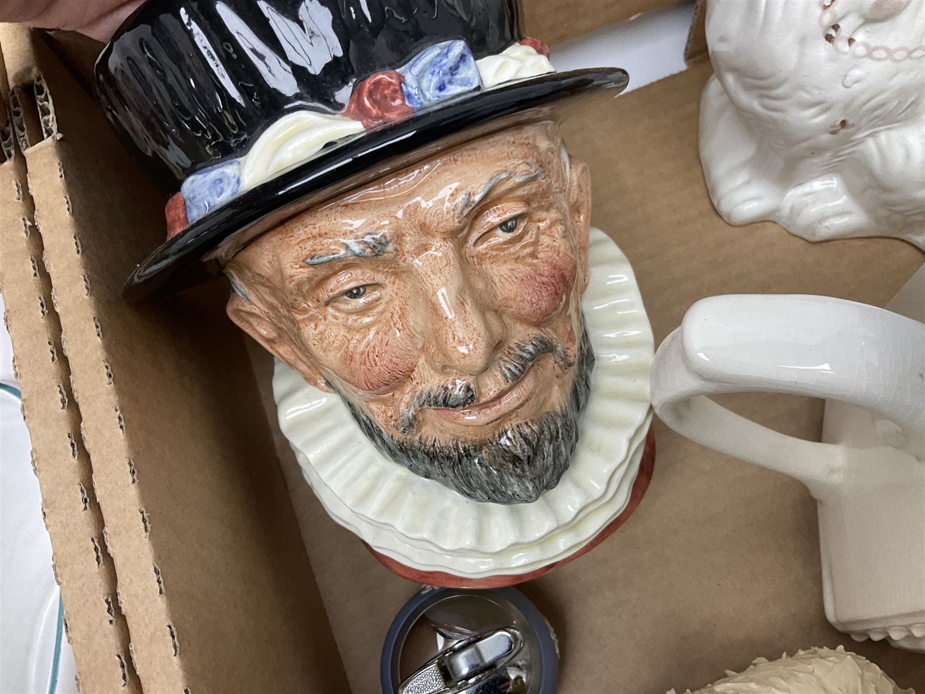 Denby Greenwheat pattern dinner wares, together with Royal Doulton Tumbling Leaves pattern tea and dinner wares, Royal commemorative ceramics including Wedgwood Jasperware table lighter, pair of Victorian glass hand painted vases, large blue and white urn with lid, Noritake part tea set, Staffordshire style dog and other ceramics and collectables, in boxes