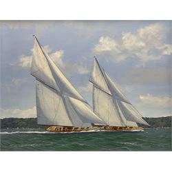 George Drury (British 1950-): 'Lulrock and Shamrock Racing On the Solent', oil on board si...