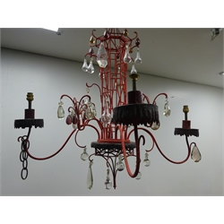  Painted cast metal chandelier in the form of a Pagoda with teardrop and cut glass drops, H76cm   