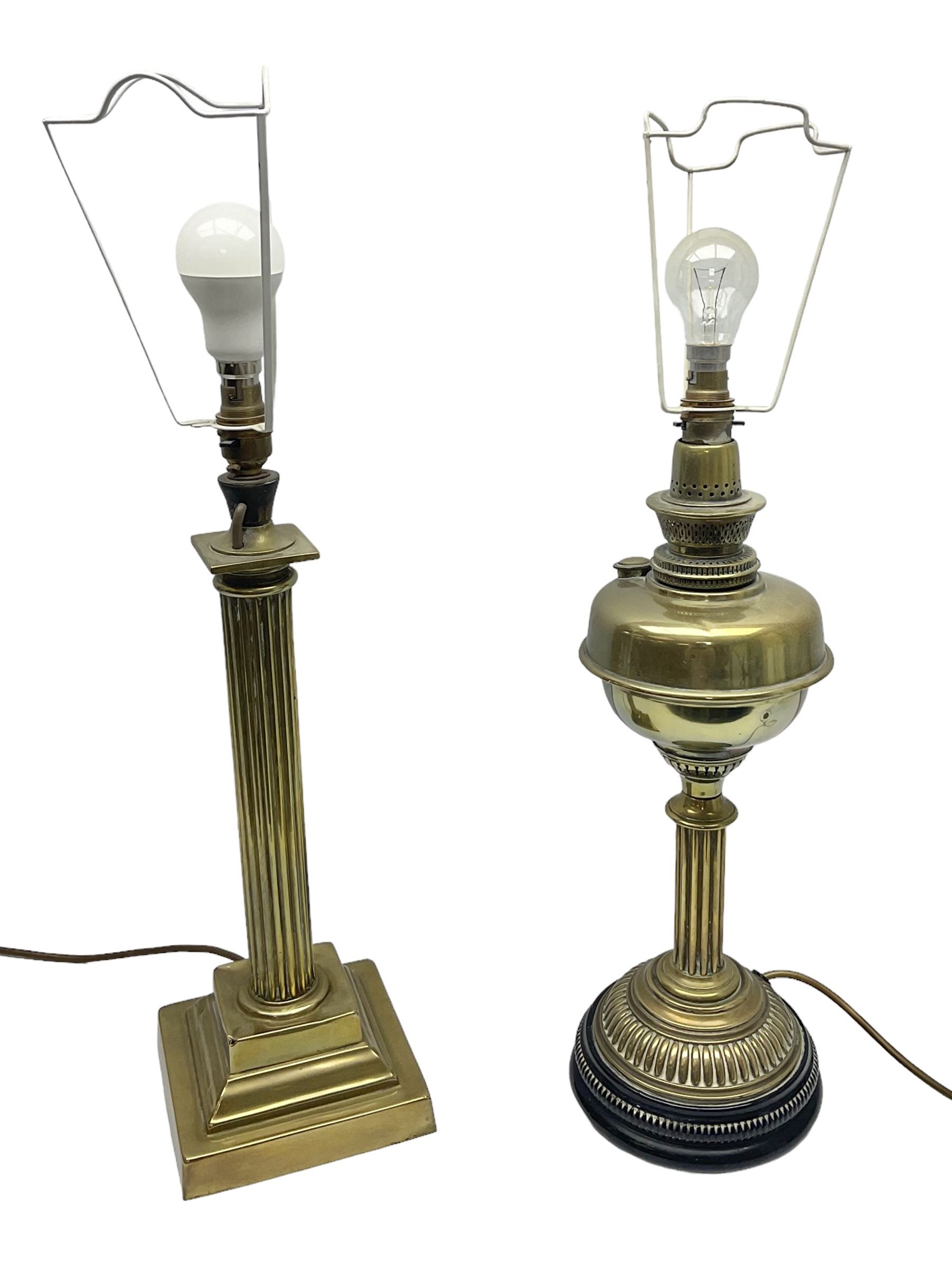 Brass table lamp in the form of a Corinthian column, together with a converted oil lamp, tallest without lightbulb H50cm