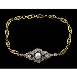 Early 20th century 15ct gold and platinum pearl, old cut and rose cut diamond openwork panel, on later gold-plated wirework bracelet