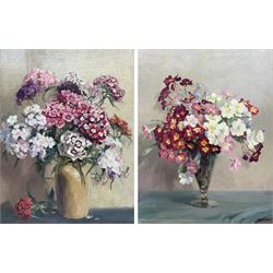 Freda Marston (British 1895-1949): Still Life of Flowers, pair oils on panel and canvas laid on to panel signed 44cm x 34cm (2)