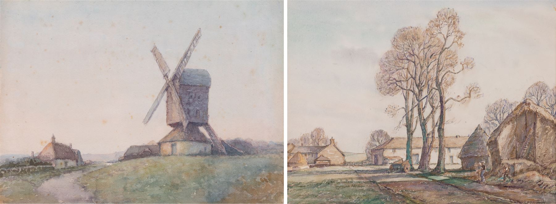 Henry Samuel Merritt (British 1884-1963): Farm and Windmill, two watercolours signed, one very faintly lower right, max 27cm x 38cm (2)