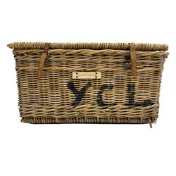 Wicker basket, hinged lid with leather buckles, inscribed 'YCL' and 'School House' to front