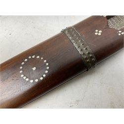 African tribal knife, possibly Shona Zimbabwe, the 22cm steel blade with all over punched decoration and antler handle; in inlaid and banded hardwood scabbard with two apertures L42cm overall