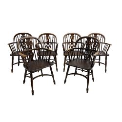 Late 20th century set six oak Windsor elbow chairs, double hoop and stick back with pierced and fretwork work splat, dished seat on turned supports joined by crinoline stretcher 