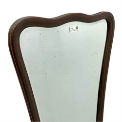 20th century stained beech frame wall mirror, bevelled plate in shaped and moulded frame 
