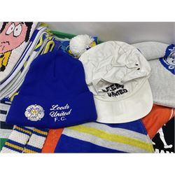 Collection of Leeds United scarves, hats and t-shirts, together with a Washington Redskins NFL sweatshirt and an Australian rugby league shirt