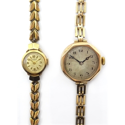  Early 20th century 9ct rose gold wristwatch and a mid 20th century 9ct gold wristwatch hallmarked both on plated bracelets  
