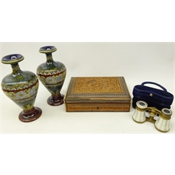  Pair of Doulton stoneware vases of baluster form with band of floral decoration, inscribed ET monogram H18cm, cased pair of mother-of-pearl opera glasses and Indian carved hardwood box (4)  