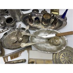 1920s silver five piece dressing table set, hallmarked Birmingham 1924, together with silver commemorative Queen Elizabeth spoon, hallmarked, two French enamel epergne trumpets and other metal ware, in one box