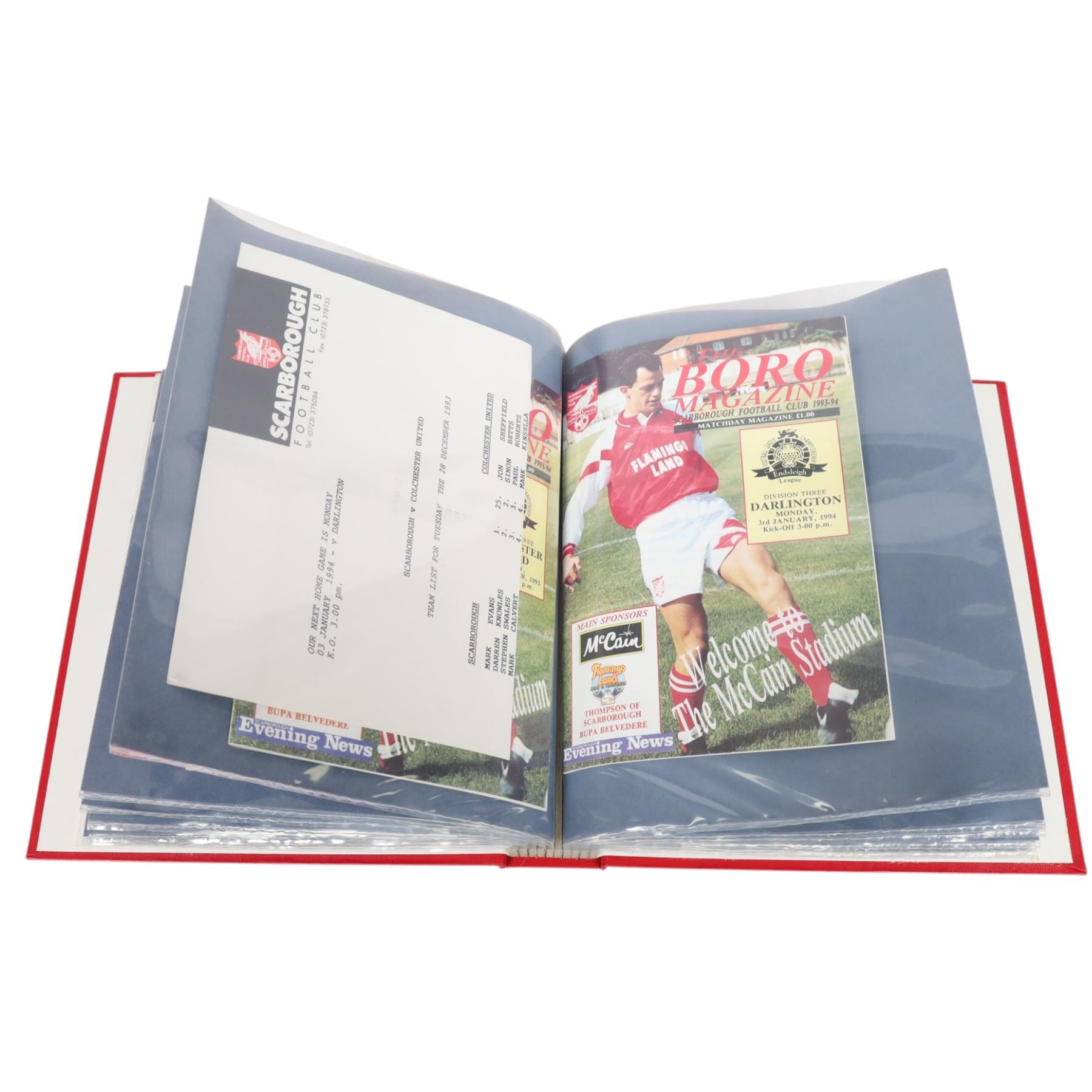 Comprehensive collection of approximately one-hundred and seventy Scarborough FC football programmes for the 1993/94, 1994/95 and 1995/96 seasons, all filed within six dedicated Scarborough FC red Home and Away binders