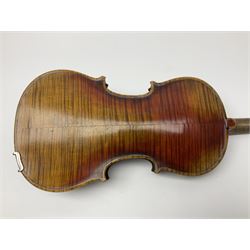 Late 19th century French three-quarter size 'Conservatory' violin with 34cm two-piece maple back and ribs and spruce top, the peg box inscribed 'Conservatory Violin Straduari', bears label 'Antonius Stradiuarius Cremonensis Faciebat Anno 1721' L55.5cm overall; in ebonised wooden 'coffin' case; and Saxony violin c1900 with 36cm two-piece maple back and ribs and spruce top; bears label 'Antonius Stradivarius Cremonensis Faciebat Anno 17**' L59cm overall; in carrying case (2)