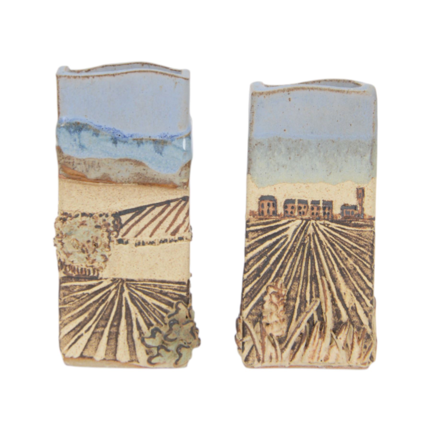 Robin Gough; two studio pottery vases of rectangular chimney vase, each decorated in relief with villages, H15cm 