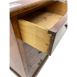 Late 19th to early 20th century walnut pedestal desk, rectangular top inset with red tooled leather writing surface, over a central frieze drawer flanked by two pedestals, each fitted with four graduated drawers with brass escutcheons and drop handles, the whole raised on a plinth base