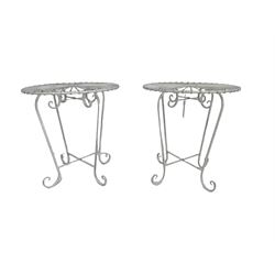 Pair of wrought metal antique white finish circular occasional tables