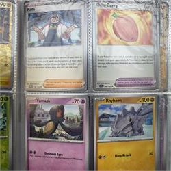 Collection of modern Pokemon TCG trading cards from the Scarlet & Violet and Sword & Shield eras, contained within in two folders, opened packets and loose, together with a graded Sword & Shield Silver Tempest Passiman TG08, GET Graded 9 Mint, two oversized cards, energy cards, vintage booklets and boxes, empty tins, 1998 Electronic Pokédex and other accessories
