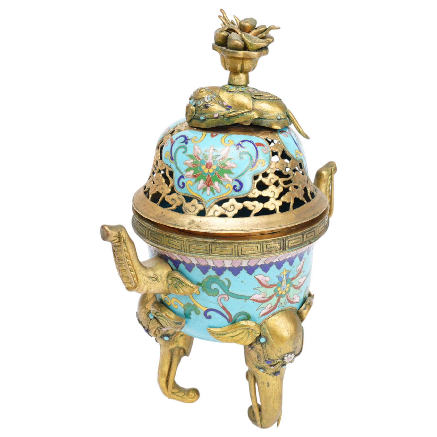 Pair of Chinese 20th century cloisonne Tang style horses with removeable saddles H35cm and a cloisonne and gilt metal koro