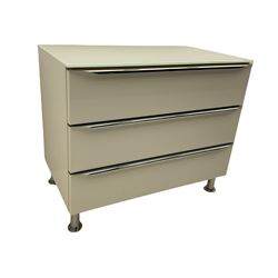 German Designer glass, white gloss and polished metal three drawer chest, purchased Redbrick Mill, Batley