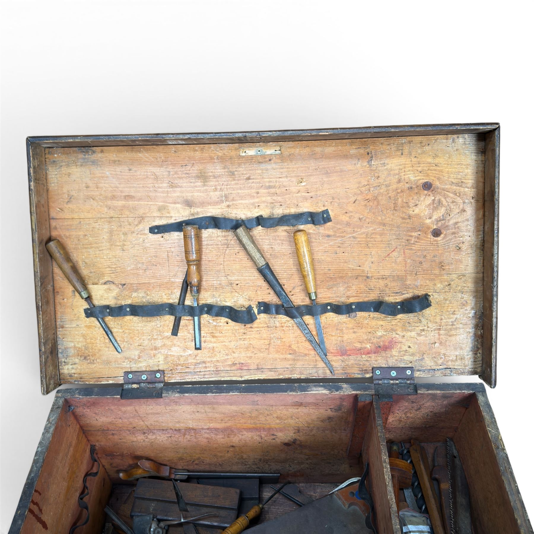 Victorian stained pine carpenters toolbox and contents, fitted interior with saws, planes, chisels etc