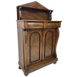 Victorian mahogany chiffonier side cabinet, raised panelled back with sloped pediment on acanthus carved S-scroll supports, rectangular top over two frieze drawers, enclosed by two panelled doors, shaped and acanthus carved uprights, on turned feet 