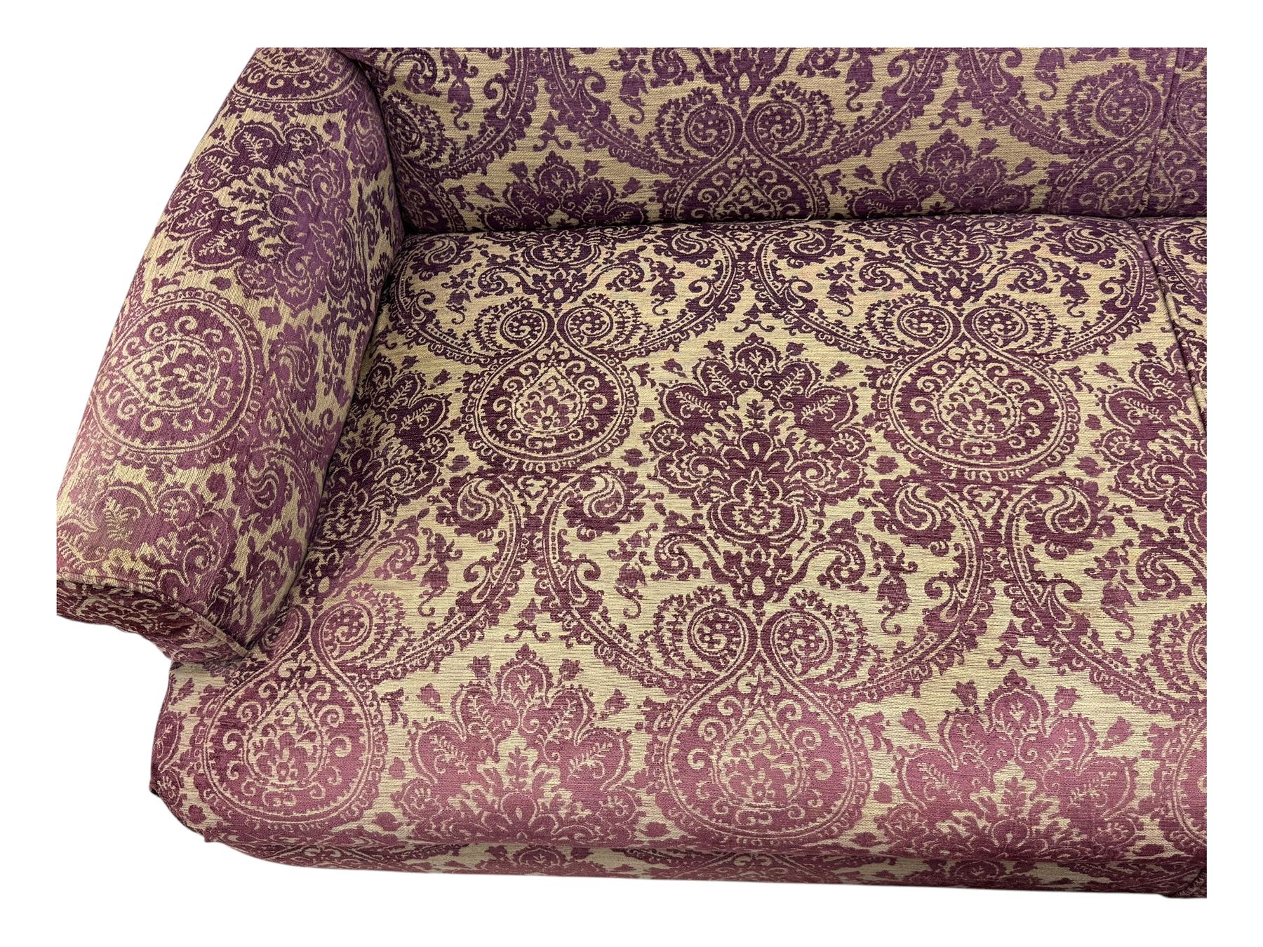 Multi-York - contemporary two-seat sofa, upholstered in damask fabric in shades of burgundy and beige, raised on turned and fluted supports; complete with matching footstool
