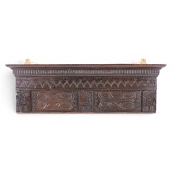 18th century and later carved oak panel, the carved cornice above a repeating boarder and ...