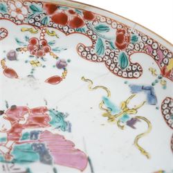 Chinese famille rose bowl, possibly Yongzheng period, decorated with mother and child, with enamelled floral decoration and foliate boarder, D22cm 