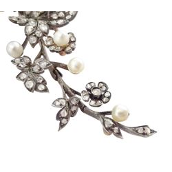 19th century gold and silver diamond and pearl en tremblant detachable brooch, the flower tremblant with a principal old cut diamond of approx 1.90 carat, the petals and stamen set with old cut and rose cut diamonds, total diamond weight approx 9.10 carat, to a foliate spray set set with further rose cut diamond and white / pink / cream pearls and ribbon tie