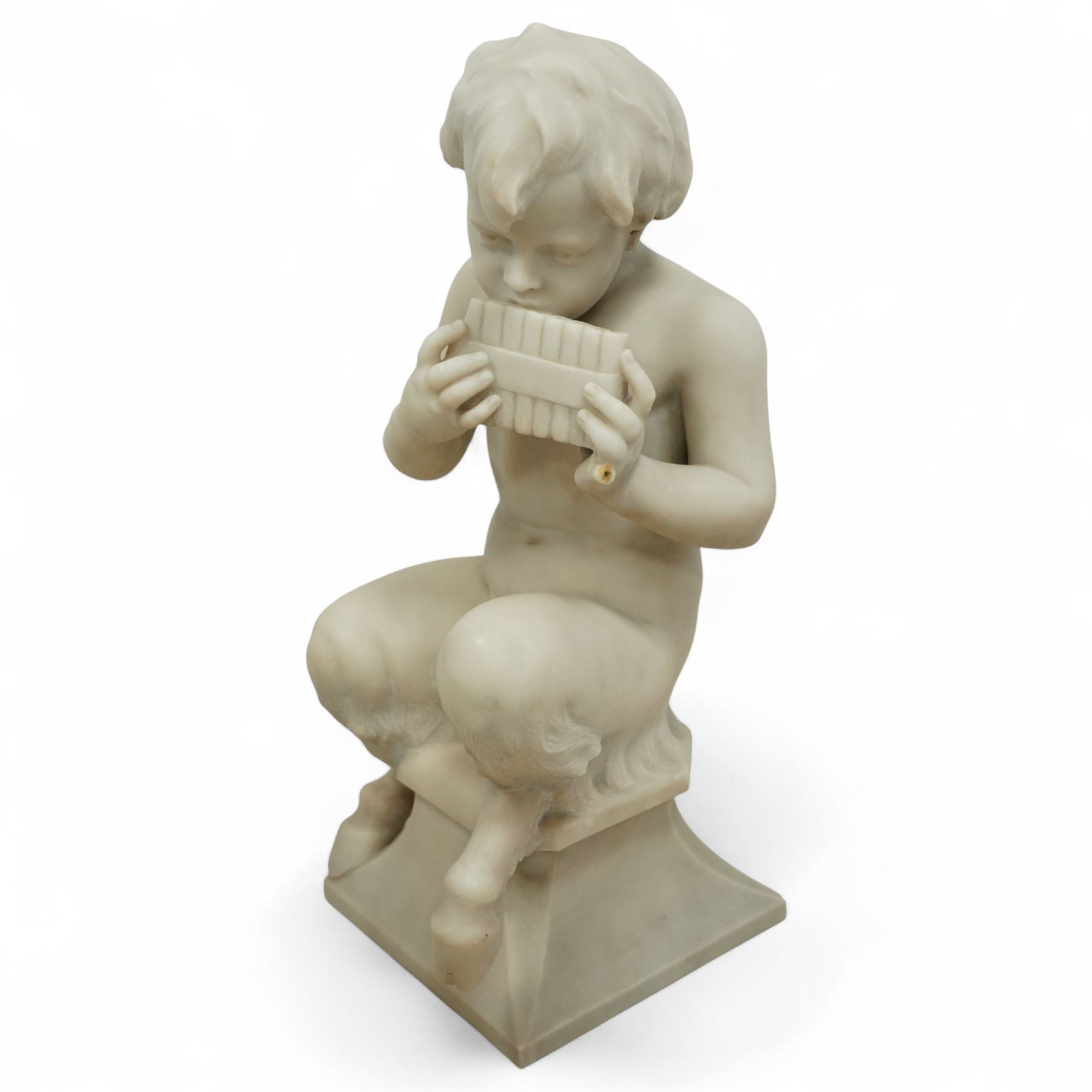 Follower of Claude Michel Clodion (French 1738-1814): The Putti-Faun Orchestra - set of four Italian carved white marble figures of child satyrs as musicians, each finely carved figure depicting a seated putto-faun with youthful features and small goat’s legs and cloven feet, variously playing rustic instruments: a syrinx (Panpipes), a flute, a tambourine and clappers - each raised on an integral waisted square plinth, Italian, circa 1900

Provenance: Kirkham Hall

Notes: Inspired by the rustic god Pan and his followers, these putti-fauns reflect the late-19th-century revival of classical themes popular with Grand Tour collectors; their instruments evoke the god Pan’s pastoral music, while the carving and  composition exemplify the appeal of bacchic subjects in the Italian neoclassical tradition
